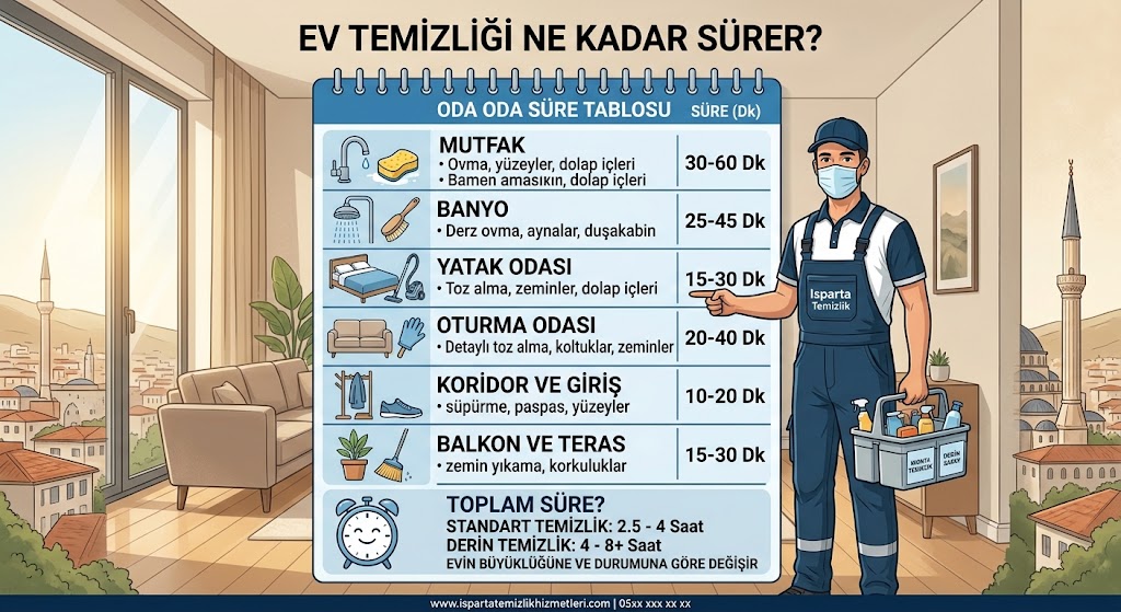 Ev temizliği ne kadar sürer? Oda oda süre tablosu
